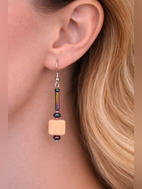 Handmade Beaded Drop Earrings | Iridescent Tube & Peach Stone | Artisan Boho